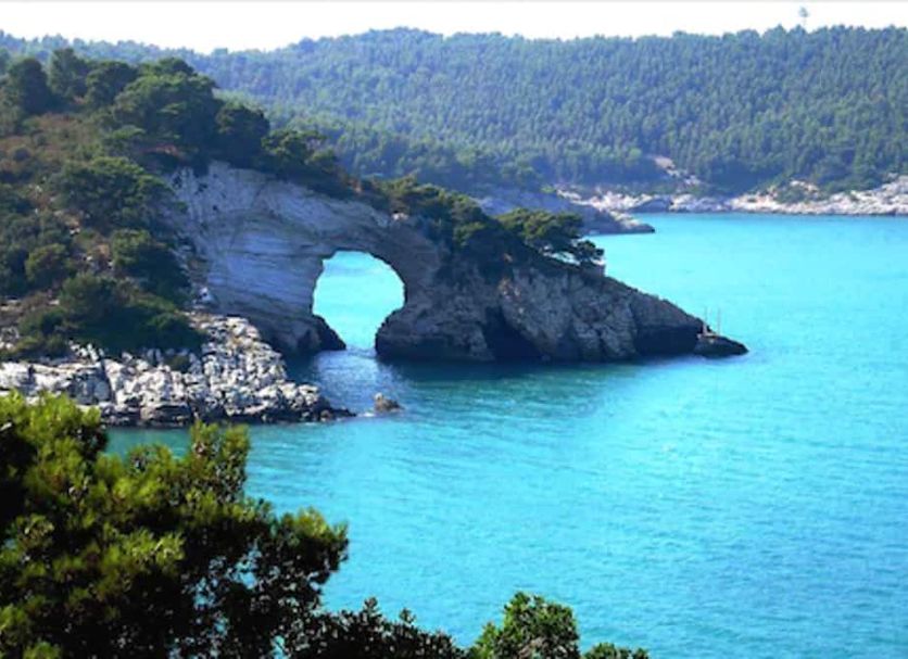 Hotel Residence Il Porto in Mattinata with a turquoise sea view and rocky coastal arch