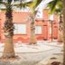 Hotel Serena Suite in La Serena courtyard with palm trees, coral walls, and paved walkways