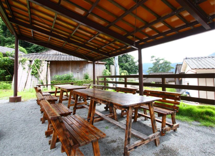 Minshuku Unagi Kohan in Ibusuki outdoor covered picnic area with wooden tables and benches
