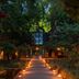 Lion Sands River Lodge in Sabie Park: illuminated walkway through lush trees to lodge at dusk