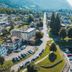 Hotel Seehof Walenstadt aerial view over marina, boats, town street, and mountains in Walenstadt