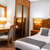 Hotel Horus Zamora guest room with twin beds, wood headboard, desk and mirrored wardrobe in Zamora