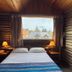 Hosteria Posta de los Colonos room with log walls, double bed and mountain-view window in Villa La Angostura