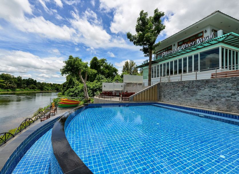 Princess River Kwai in Kanchanaburi: riverside pool with waterfall view and hotel terrace