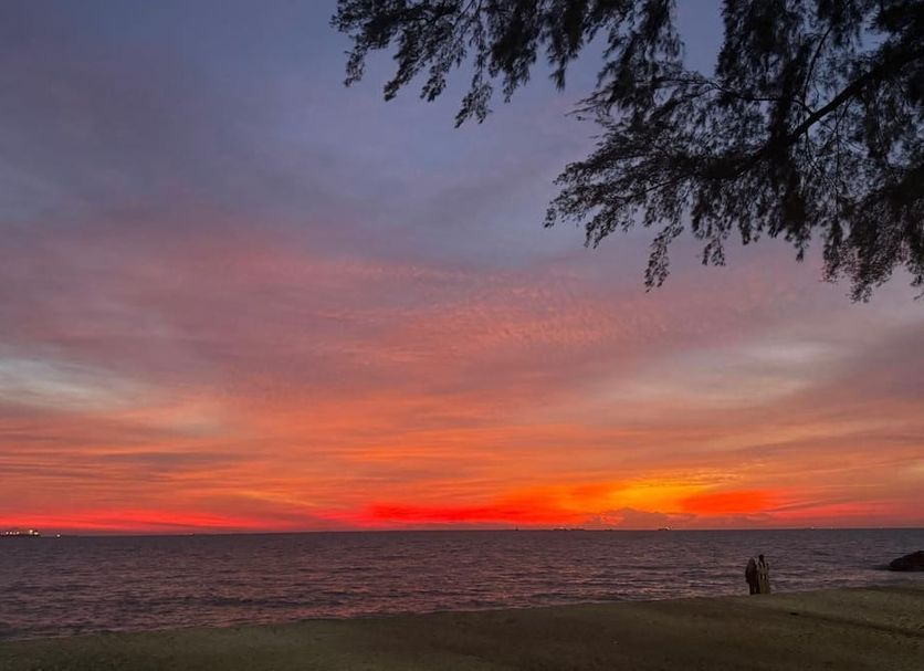 Sunset sea view at Puteri Bay Hotel in Malacca with silhouetted shoreline and overhanging branches