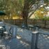 Seahorse Cottages on Sanibel outdoor patio with tables, green umbrella, chairs, and shady trees