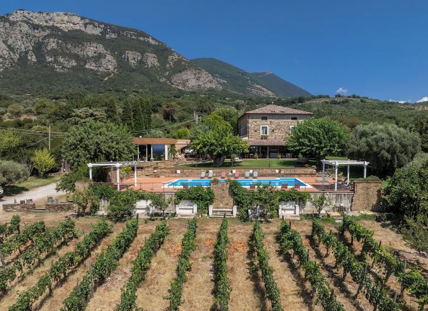 Casale Giancesare Villa Agricola in Capaccio with vineyard rows, pool, and mountain backdrop