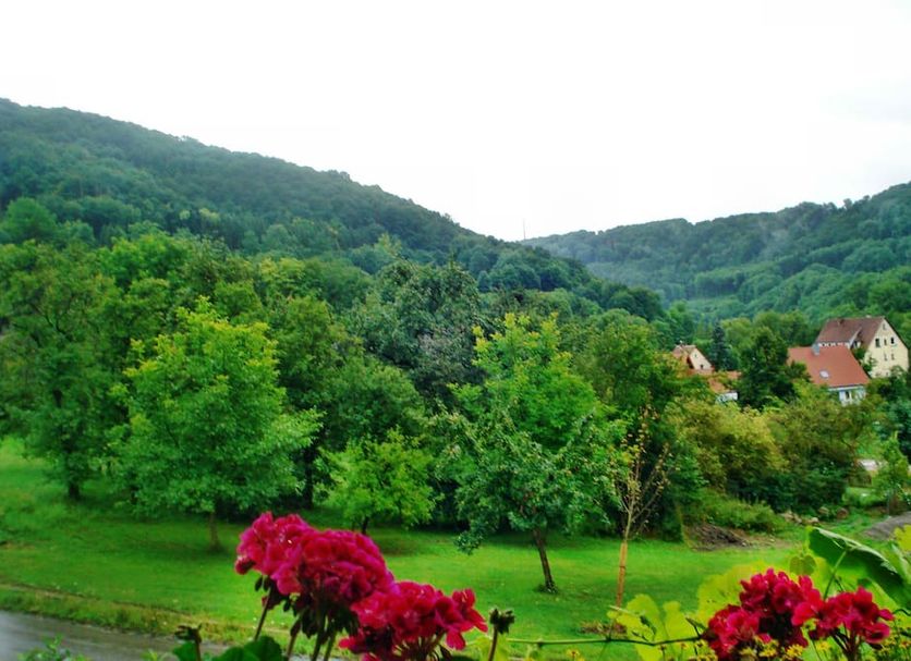 Akzent Hotel Goldener Ochsen in Croeffelbach with lush green valley and hillside village view