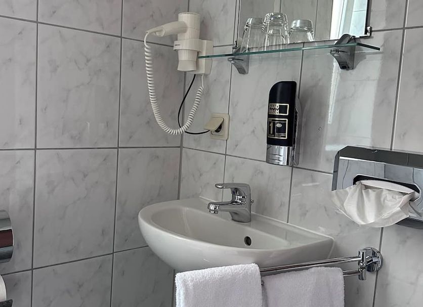 Altstadthotel Ilsenburg bathroom with wall-mounted sink, mirror shelf, hair dryer and towel holder