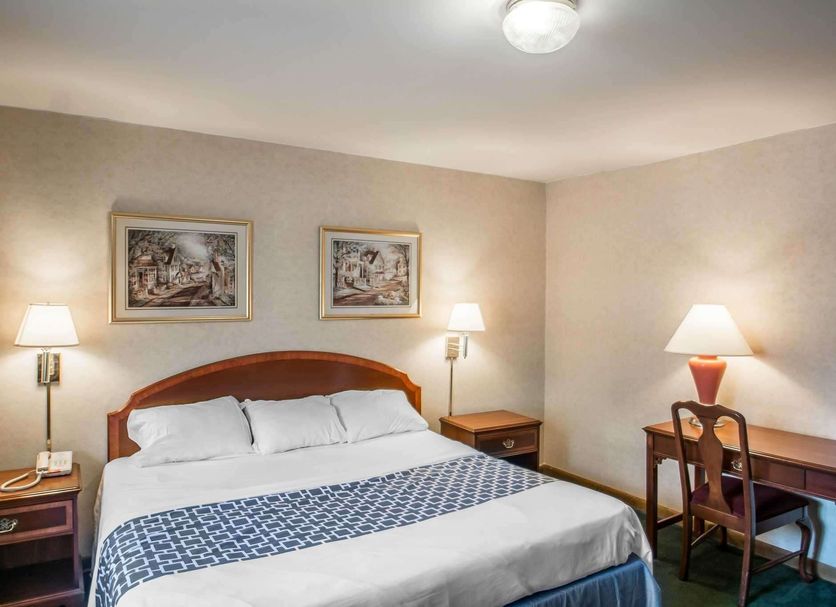 Econo Lodge Hornell guest room with queen bed, desk, bedside lamps, and framed wall art