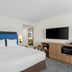 Hampton Inn & Suites Chicago Deer Park guest room with king bed, wall-mounted TV and wood console