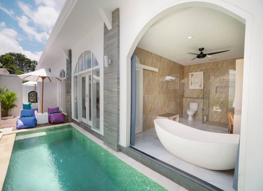 Dikubu Bali Villa And Suites North Kuta private plunge pool beside villa bedroom and bathroom