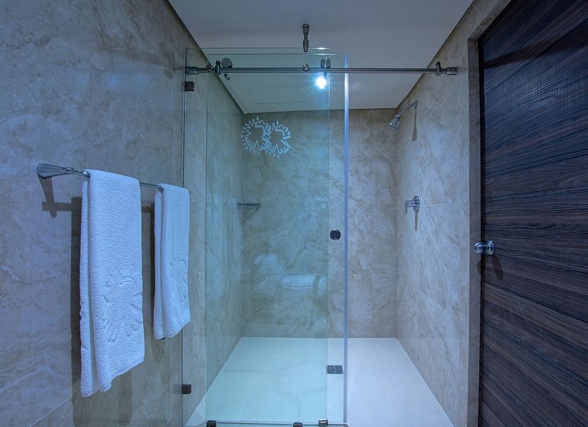 Econo Express Hotel Mexico City bathroom with glass-enclosed shower and marble-look tile walls