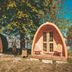 Downtown Forest Hostel & Camping in Vilnius, wood pod cabins under trees with outdoor chairs