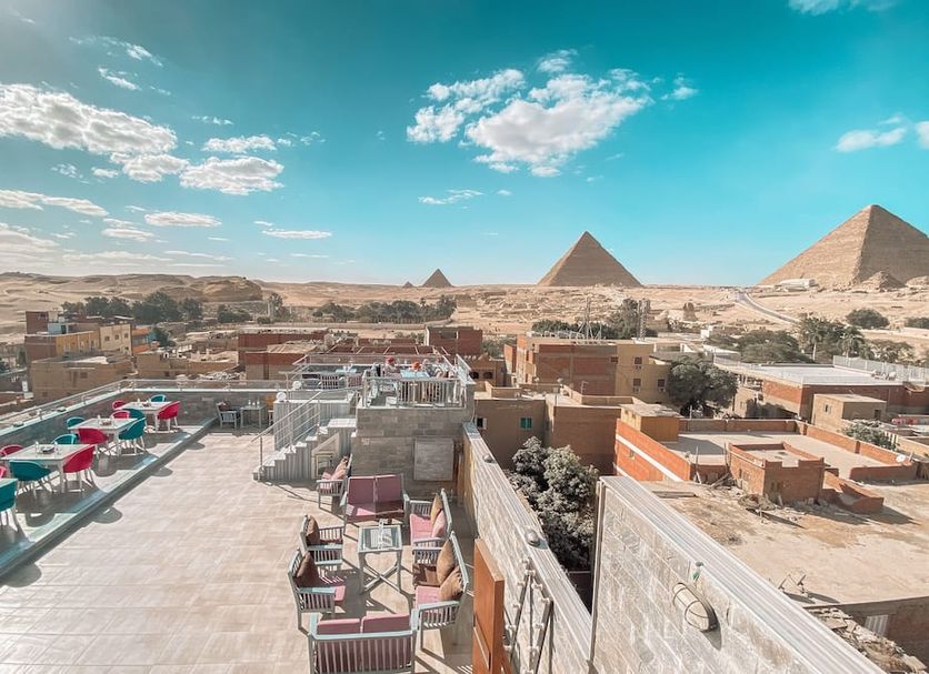 Best View Pyramids Hotel Cairo rooftop terrace with pyramids view over the city