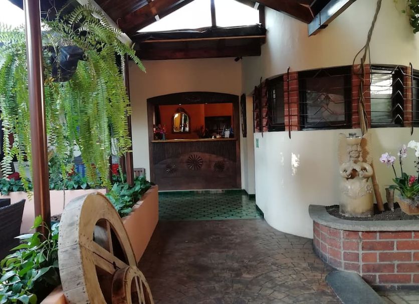 Hotel Ciudad Vieja in Guatemala City courtyard with hanging fern, covered walkway and brick planter