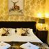 Lairds Lodge Inverness guest room with twin beds, deer-themed pillows, bedside lamps and patterned wallpaper