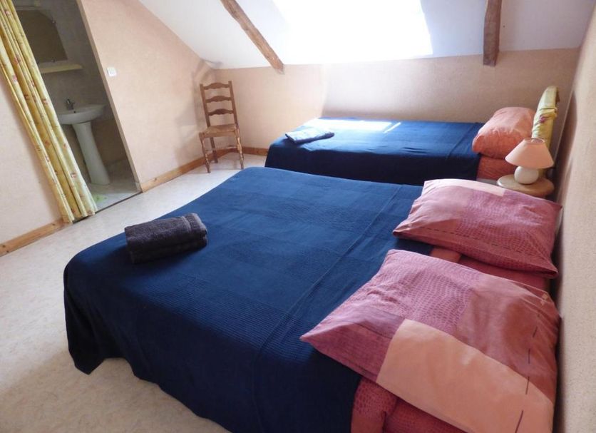 Au Pied Levé in Trévron bedroom with two twin beds, sloped ceiling, and a skylight