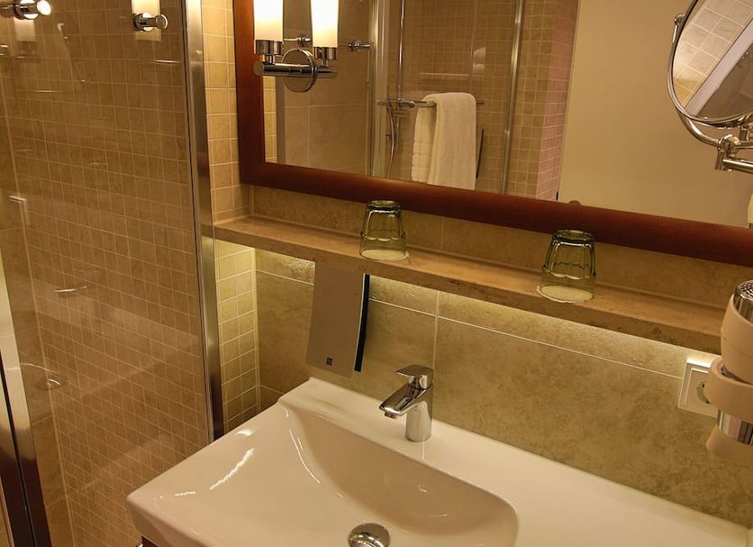 Das Karl Ingelheim am Rhein bathroom vanity with sink, mirror and glass shower