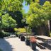 Hotel Boutique Castillo Rojo garden walkway in Santiago with leafy trees and outdoor seating