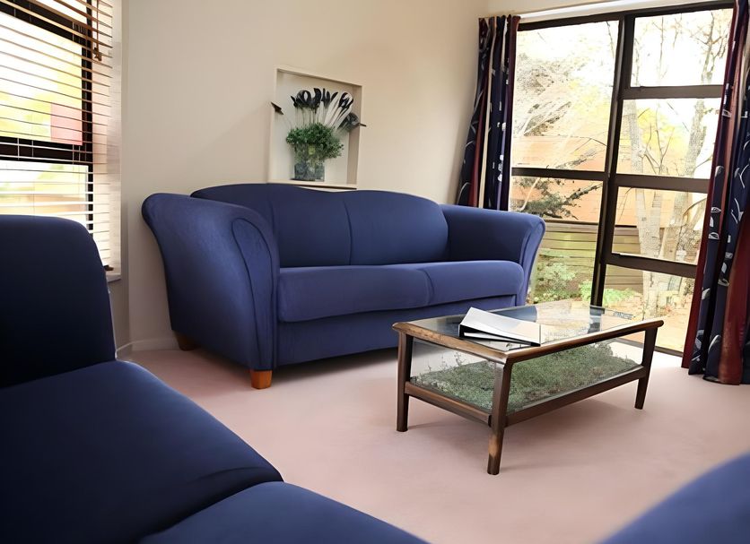 Tussock Grove Boutique, Ohakune: lounge with blue sofa, coffee table, and garden-view window