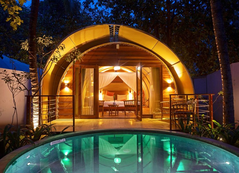Templation Hotel, Siem Reap: luxury dome villa with private pool and lit terrace at night