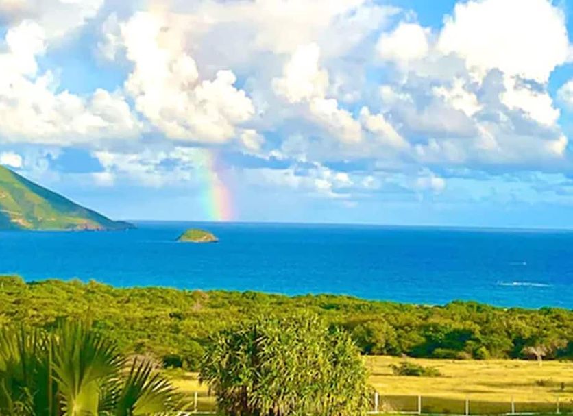 Mount Nevis Hotel in Newcastle with tropical hillside, ocean view and rainbow over the sea