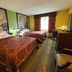 Super 8 by Wyndham Jacksonville room with two beds, desk, and city mural wall art
