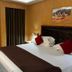 Hotel Galaxy Karachi guest room with king bed, wood-paneled walls, and red accent pillows