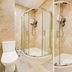 Belvilla Ilford Station Hotel bathroom with curved glass shower, toilet and sink in Ilford