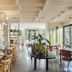 Hotel San Luis Obispo restaurant interior in San Luis Obispo with patterned banquette seating and central plant table