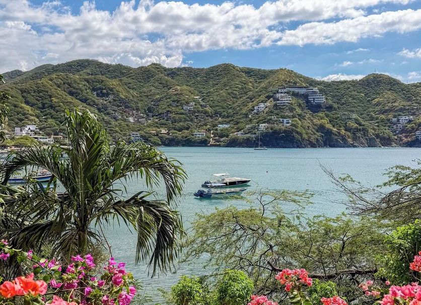Hotel Bahia Taganga in Taganga with tropical garden and views of a calm bay and green hills