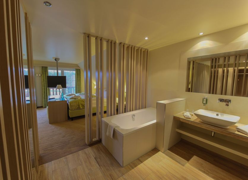Kur- & Wellness Haus Spree Balance in Burg (Spreewald): spa suite with bathtub and vanity