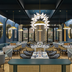 The Crescent Hotel, Fort Worth restaurant with blue booths, round tables, and pendant lights