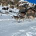 Hotel Lindenhof, Bad Gastein: dog sled team pulling a sled past a rustic cabin in snowy mountains