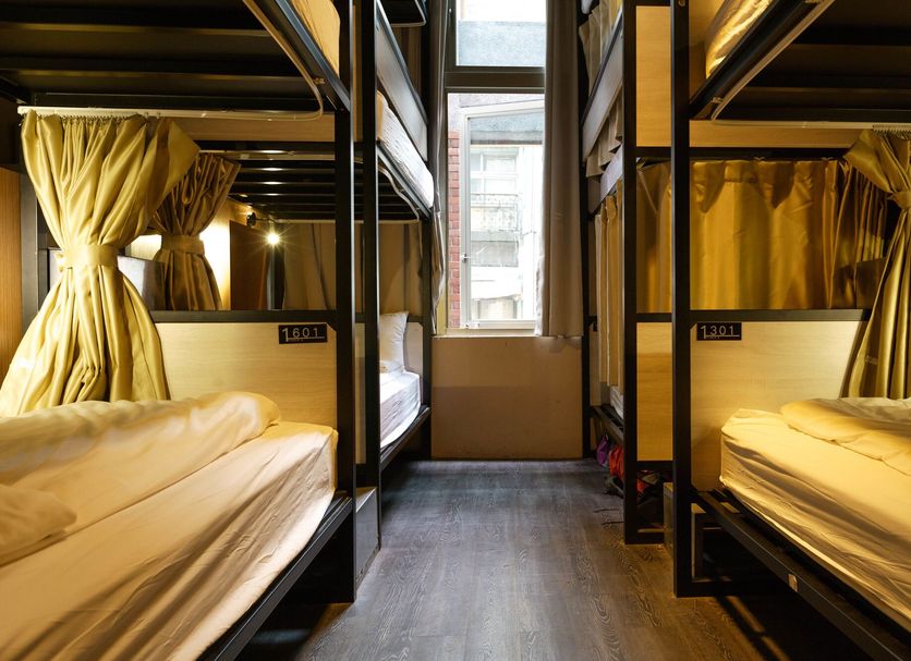 Angels Hostel Taipei Ximen dorm room with bunk beds and curtains in Taipei City