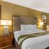 Quality Inn & Suites Westminster Seal Beach guest room with king bed, nightstands, lamps, and vanity
