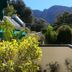 Newlands Guest House, Cape Town patio view with mountain backdrop and lush garden greenery