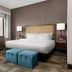 Hampton Inn & Suites Arroyo Grande/Pismo Beach Area guest room with king bed, TV, and two blue ottomans