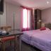 Hotel Montsouris Orleans room in Paris with double bed, desk, and pink curtains