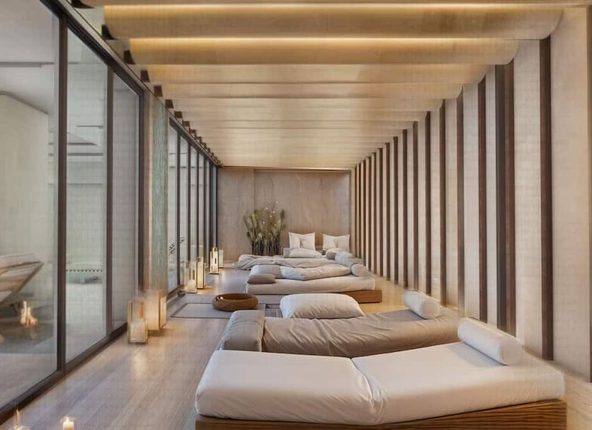 Venus Beach Hotel in Paphos spa relaxation area with daybeds and soft lighting
