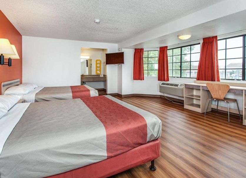 Motel 6-Fairfield, Ca - North room with two beds, desk, and large window in Fairfield