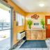 OYO Hotel Houston Southwest I-69 lobby with tiled floor, front door, front desk cabinet, and potted plants in Houston