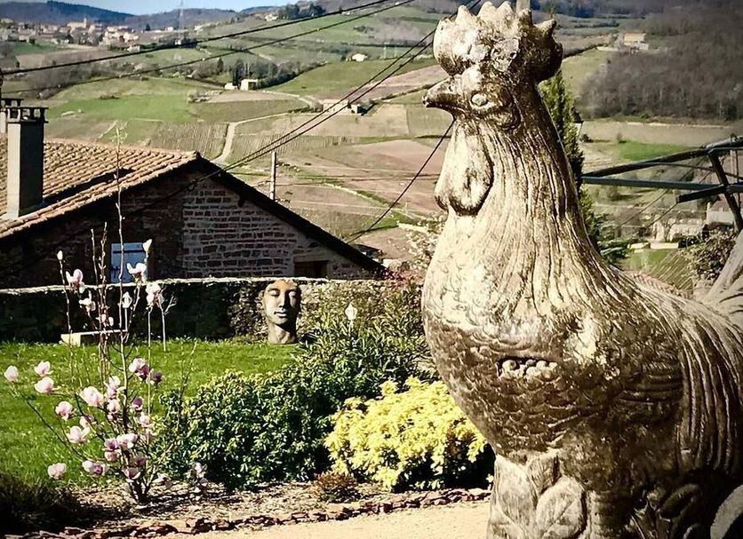 Au Petit Bonheur chez Bambina in Leynes: rooster sculpture overlooking garden and vineyard hills