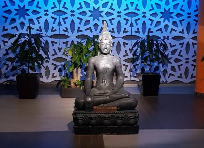 Hotel Amala in Mexico City with a seated Buddha statue, decorative wall screen, and potted plants