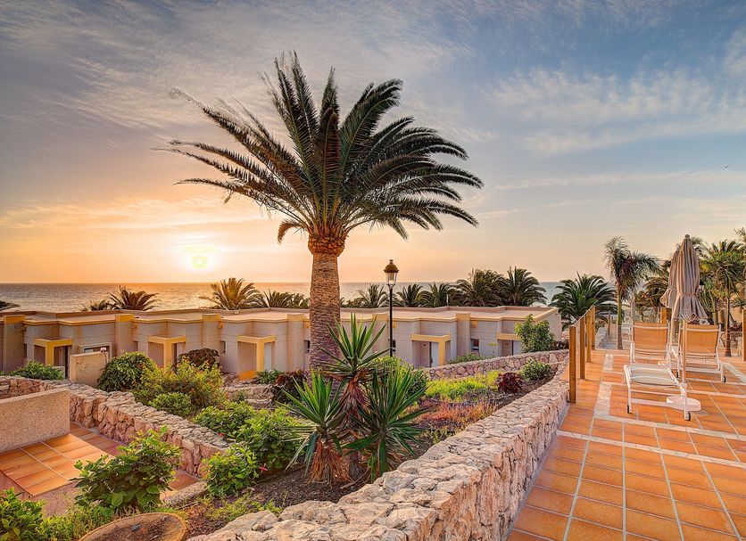 Sunset ocean view and palm-lined terrace at SBH Monica Beach Resort in Costa Calma