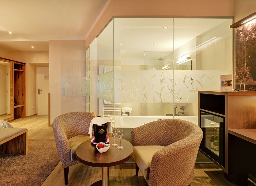 Hotel Schneeberghof in Puchberg am Schneeberg guest room with seating area and glass bathroom partition