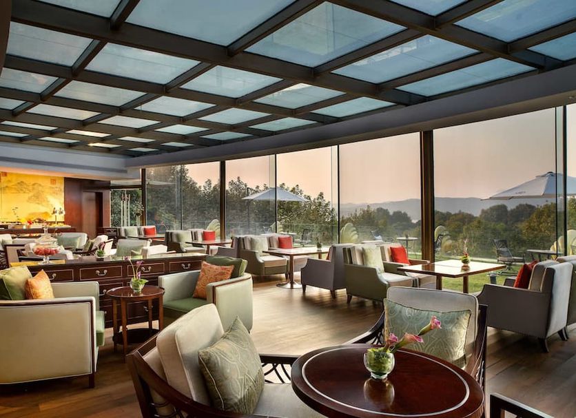 Sofitel Hangzhou Westlake lounge with floor-to-ceiling Westlake views in Hangzhou