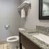Spark By Hilton Evansville Downtown bathroom with shower, toilet, granite vanity and wall shelf