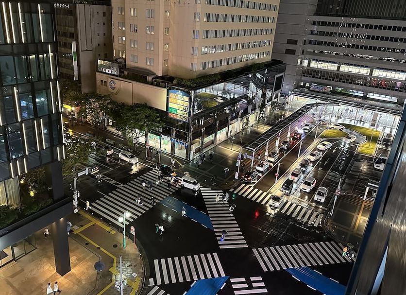 TKP Sunlife Hotel in Fukuoka overlooking a busy night intersection with crosswalks and city lights